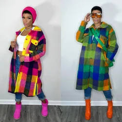 2025 Women Plaid Single Breasted Long Sleeve Turn-down Neck Shirt Style Long Wool and Blends Outcoat coats and jackets women
