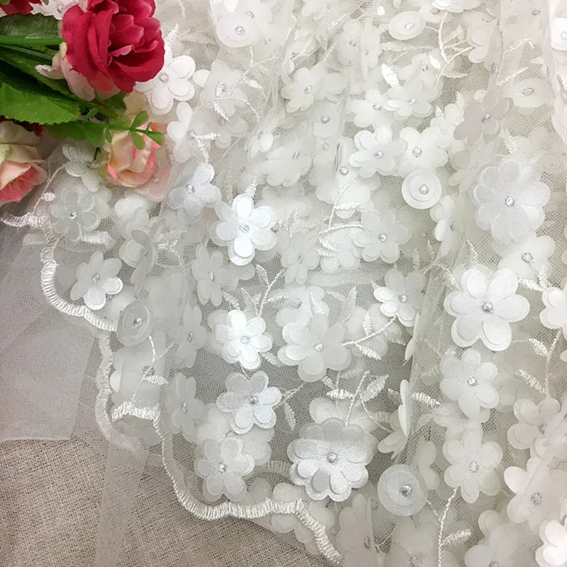 GLace 1M/lot off white 3D nail bead flower embroidery mesh fabric for wedding dress decoration women cloth accessoreis TX1350