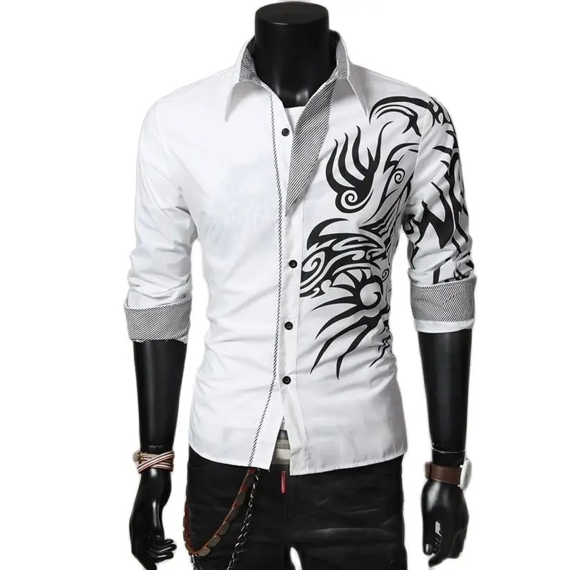 COLDKER Casual Chinese Style Dragon Print Long-sleeves Shirt Men\'s Social Business Slim-fit Shirt Male Tops Traditional Costume