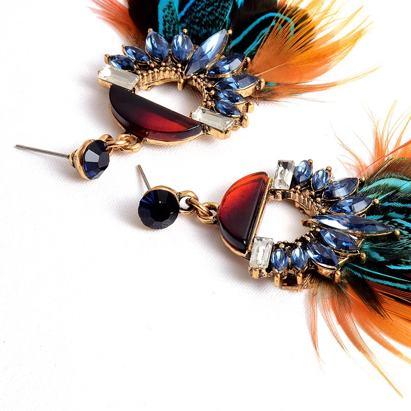 Boho Long Retro Feather Exaggerated Earrings Women Thailand Indian Rhinestone Tassel drop Earrings Wedding Jewelry wholesale