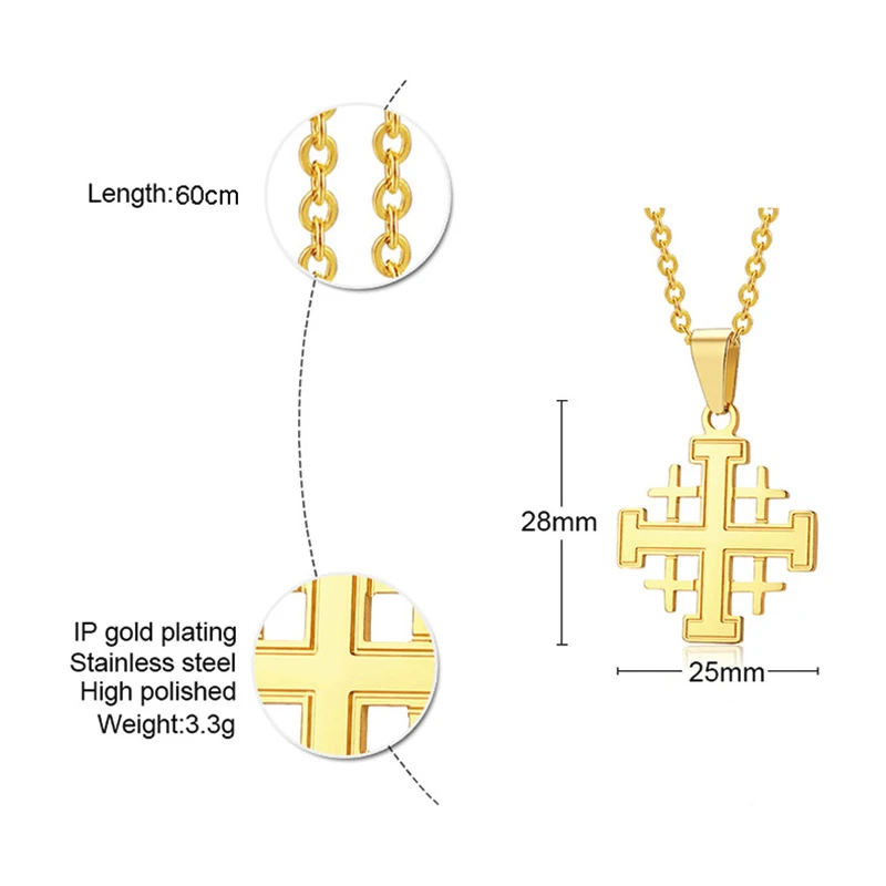 JERUSALEM CROSS NECKLACE FOR MEN BIBLE CRUSADERS STAINLESS STEEL PENDANT ISRAEL JEWELS Bible Crusaders WITH 24 INCH
