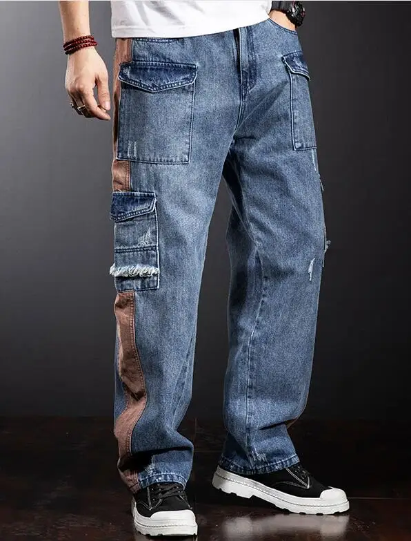 Multi-Pocket Loose Cargo Jeans Men Straight Fashion Wide-Legged Denim Pant Patchwork Baggy Jeans Size 29-40