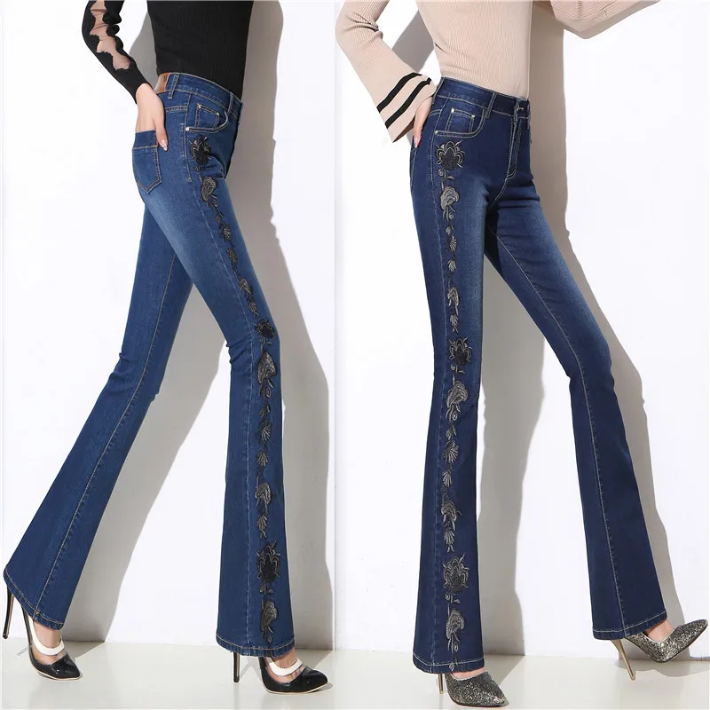 High-Waisted Jeans for Women, Embroidery, Micro-Flare, Slim Trousers, Wide-Leg Pants, Embroidery, Plus Velvet, Autumn and Winter