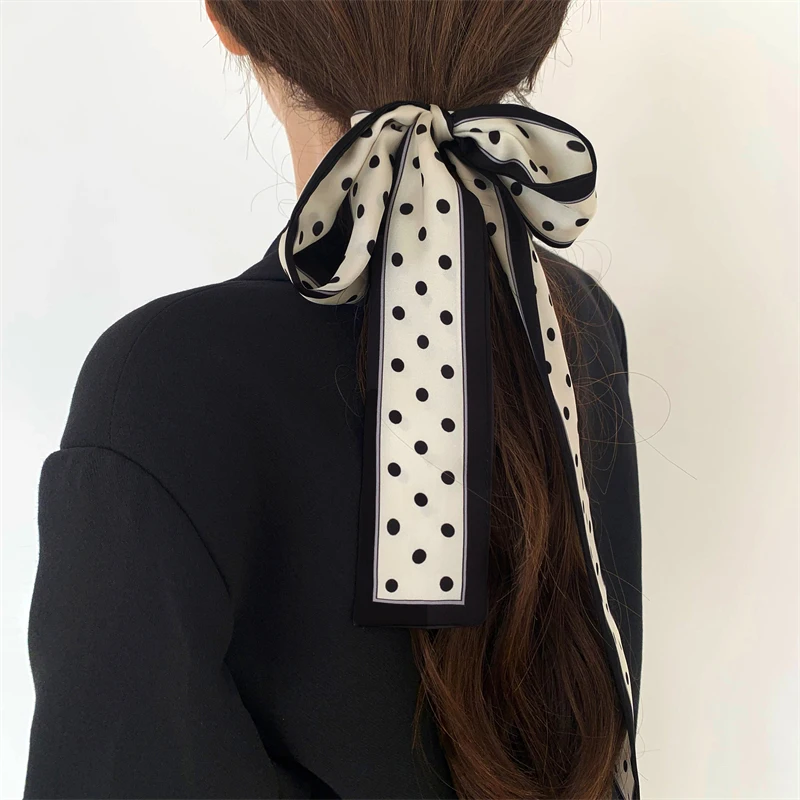 Luna&Dolphin French Style Skinny Scarf 120X5cm Elegant Braided Hair Ribbon Belt Yellow Beige Dot Headbands Neckerchief Streamer