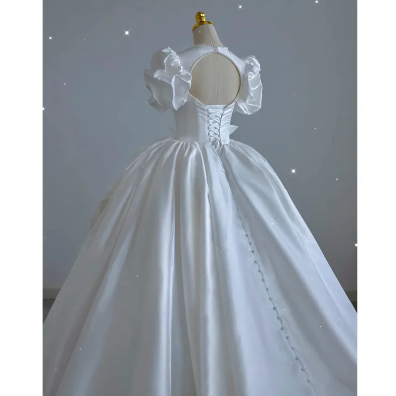 

Vestidos De Novia Simple Vintage Satin Wedding Dress for Women Ruffles Sleeves Princesa Bridal Gown Robe Mariée France