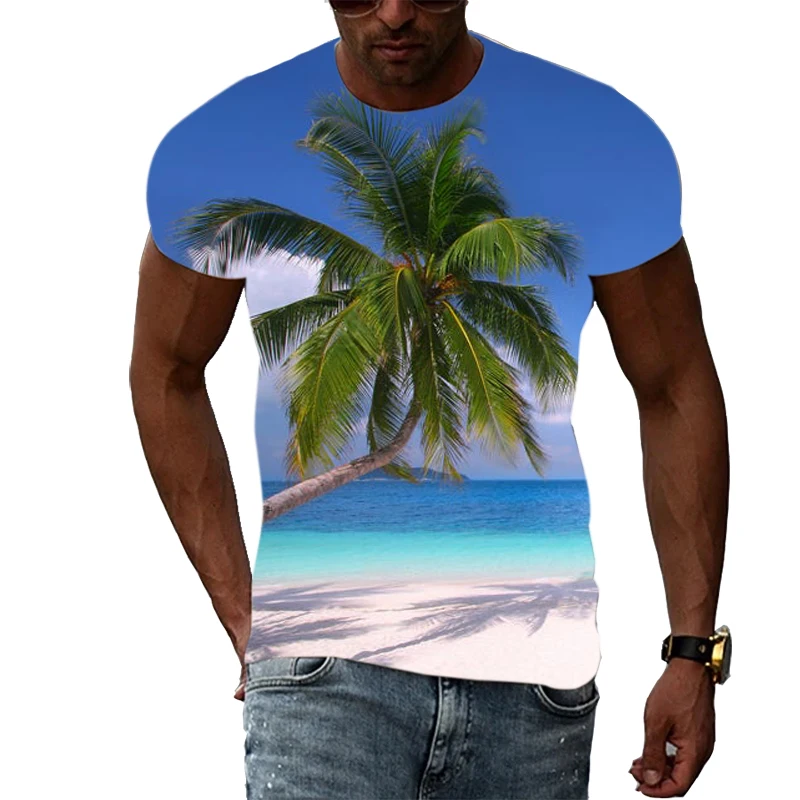 Summer Men Fashion Beach Scenery graphic t shirts Casual Interesting Scenery Print short sleeve t-shirts Hip Hop Harajuku tshirt