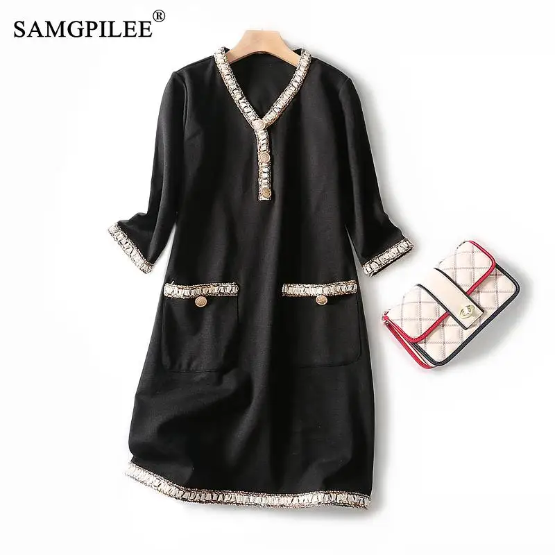 

Dresses Autumn 2022 Woman New Office Lady A-line Solid Three Quarter Sleeve Womens Appliques Empire V-neck Dress Women 4XL