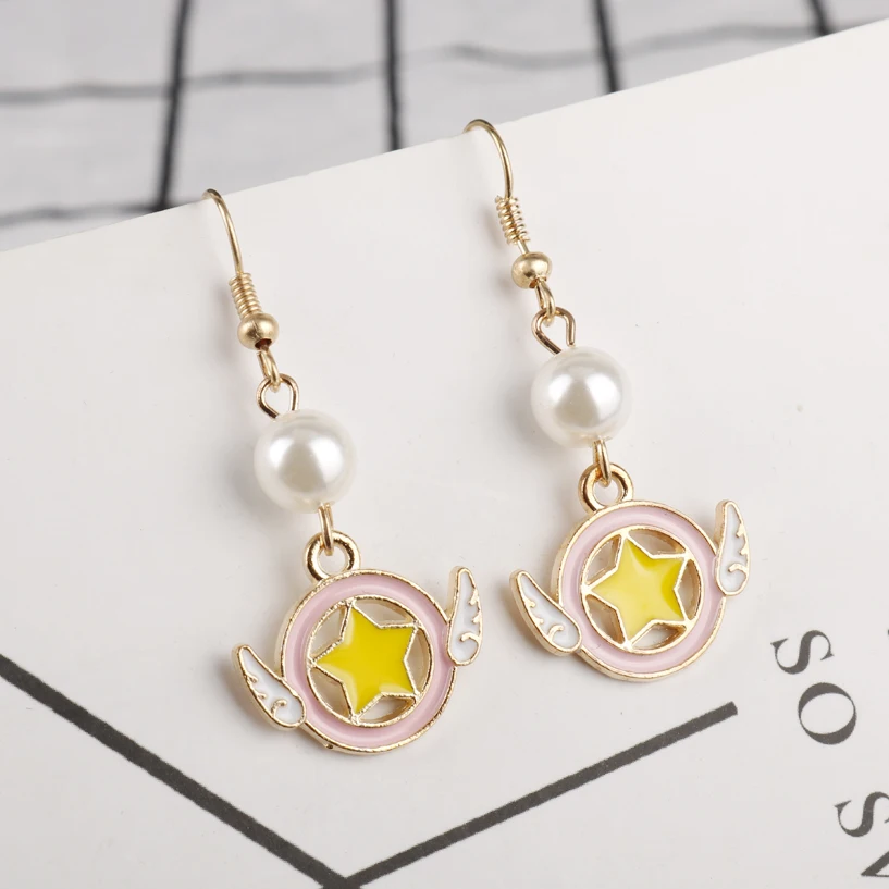 Anime Card Captor Sakura Drop Earrings Key Angel Wing Moon Pearl Dangle Earrings For Women Girls Christmas Gift