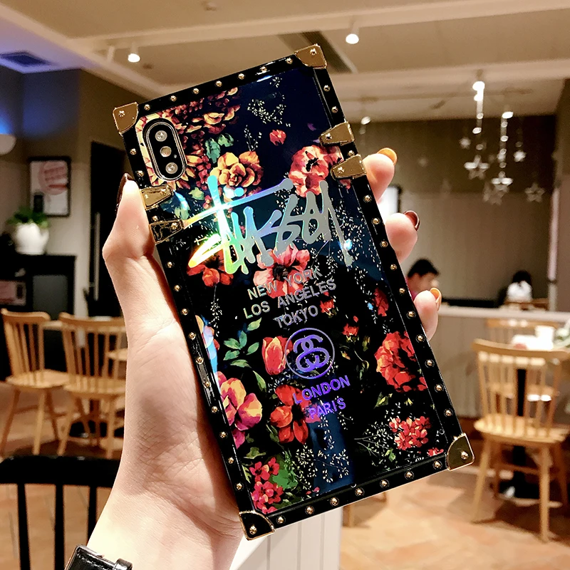 Luxury Rivet Rose Flower Blue Ray Square Phone Case For iphone 11 12 13 14 Pro Max X XS Max XR 7 8 Plus SE 20 Glossy Back Cover