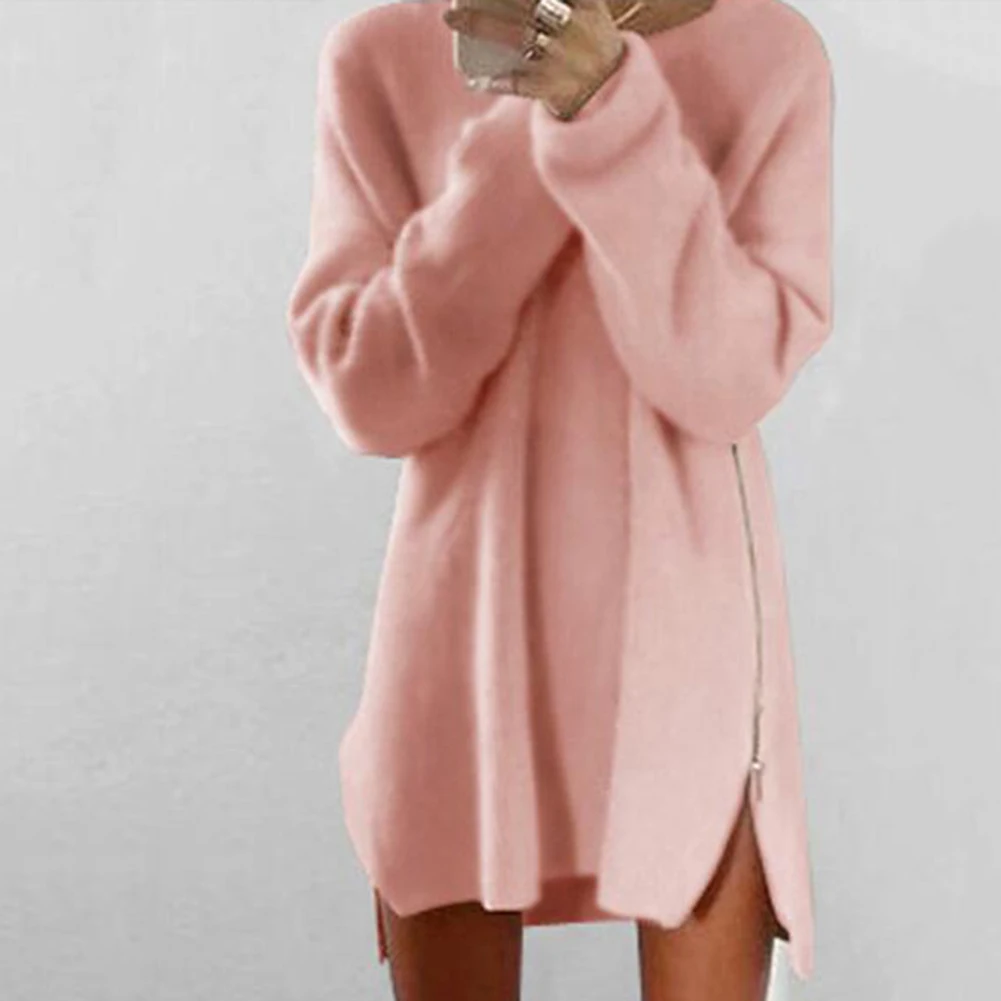 Women Sweaters Dress Winter Pullover Solid Color O Neck Sideway Zip Loose Casual Knitted Mini Dress свитер женский pull femme