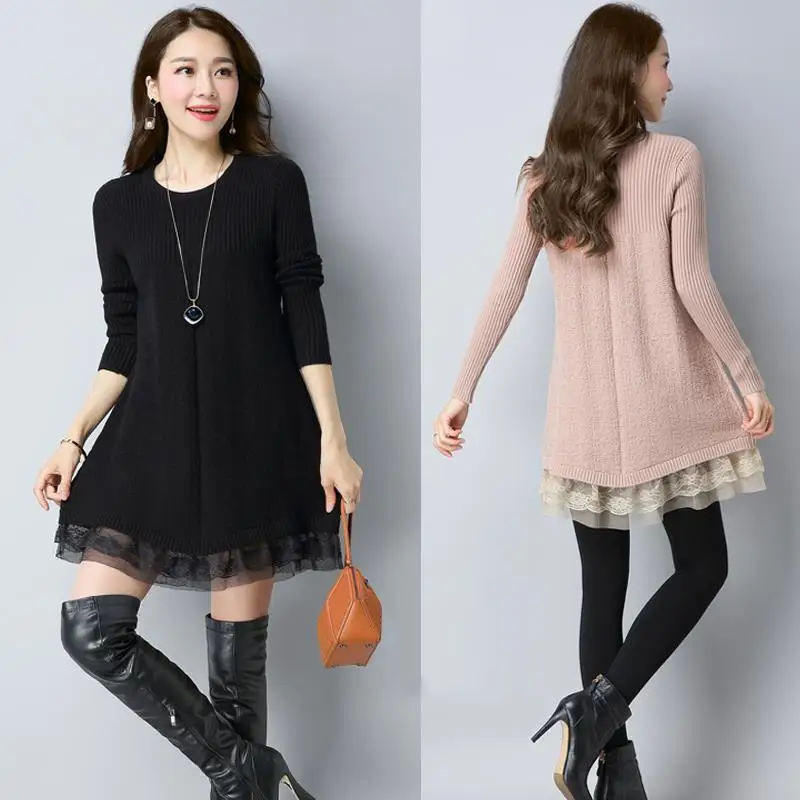 Fall/Winter 2024 New Women\'s Lace Stitching Sweater Dress Solid color Loose Long-sleeved Pullovers Fashion Female Knit Sweaters