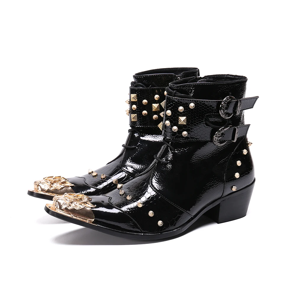 Zapatillas Hombre Italian Real Leather Men Rivets Boots Pointed Toe Buckle Ankle Boots Business Men Formal Autumn Dress Boots