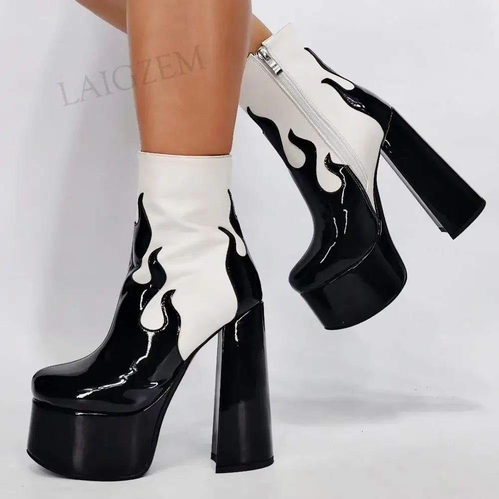 BERZIME Ankle Boots Platform Round Toe Side Zip Patchwork Fire Booties Ladies Autumn Winter Shoes Woman Large Size 39 43 45 52