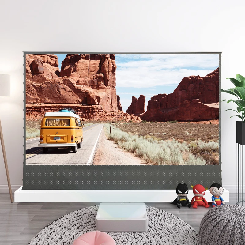 Vividstorm 92 Polegada tela de elevação do assoalho motorizado com material alr acústico transparente perfurado para o projetor longo do lance