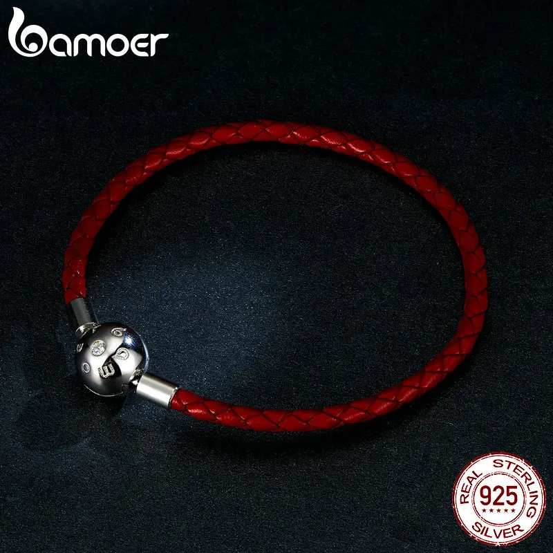 bamoer Genuine 925 Sterling Silver Red Leather Rope Charm Bracelet for Women Fit for 3mm Hole Charm Bead Jewelry BSB042