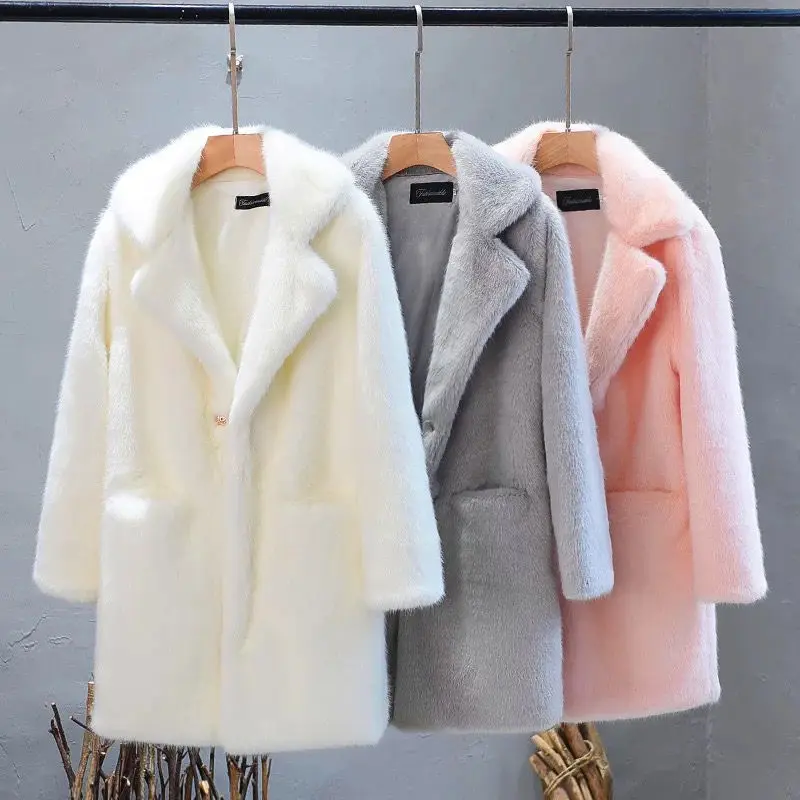 2023 Women Mink Faux Fur Coat Turn Down Collar Winter Warm Fake Fur Lady Coat Casual Jacket меховая куртка халат длинный с мехом