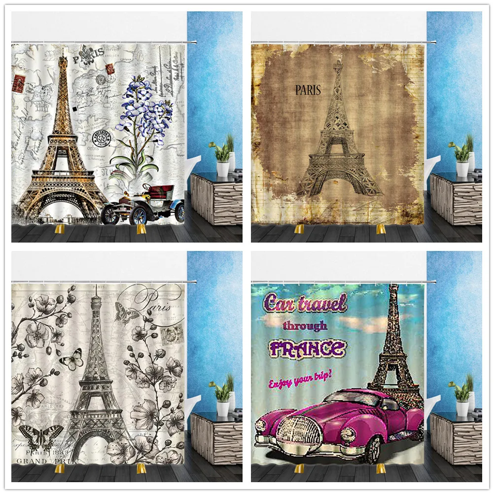 Cartoons Shower Curtains France Iron Tower Car Landscape 3D Print Bathroom Home Decor Waterproof Polyester Cloth Curtain Set