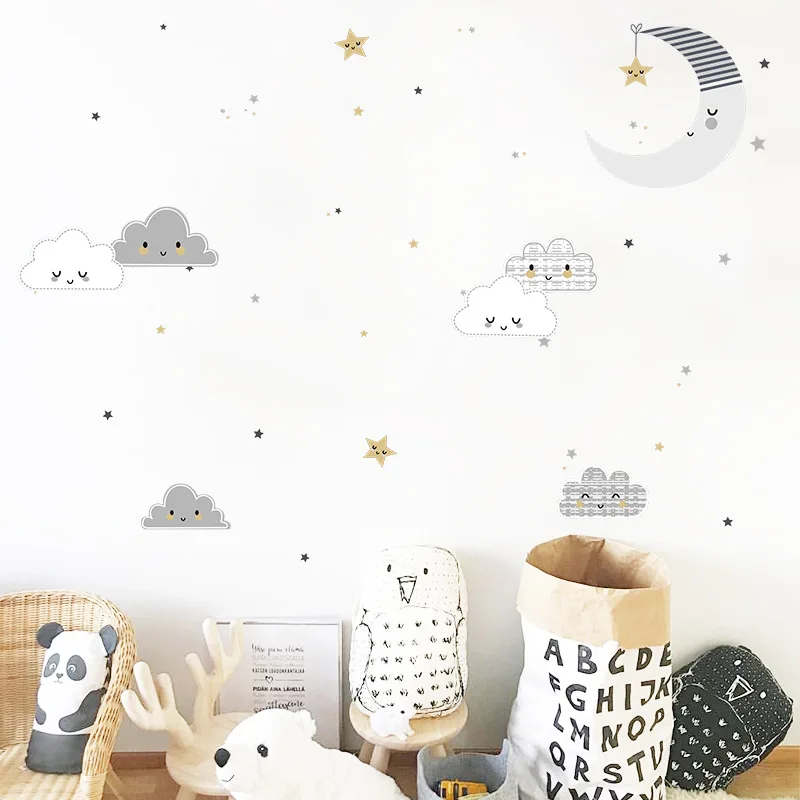 Cartoon Clouds Moon Wall Sticker Cute Pattern Kids Baby Room Home Decoration Bedroom Background Wallpaper Combination Stickers