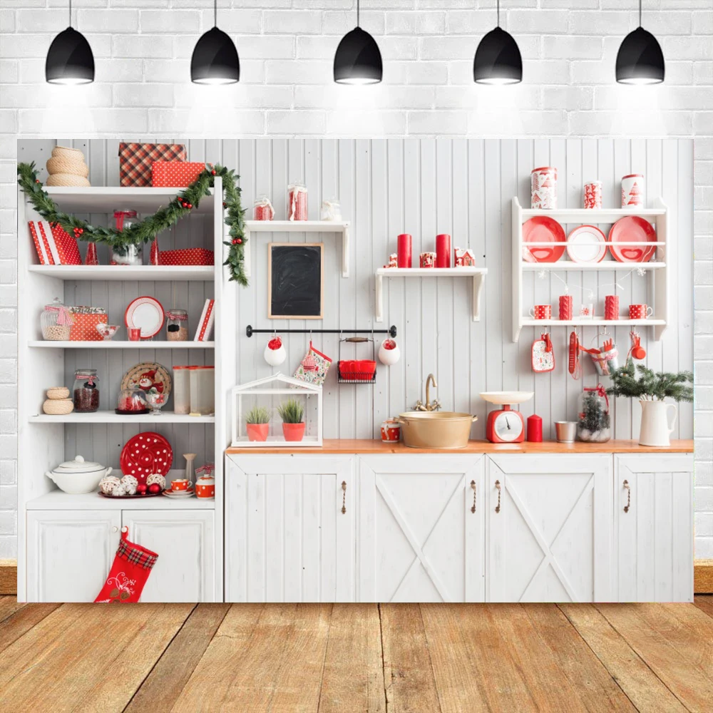 Kitchen Cupboard Christmas Party Festival Decor Interior Photocall Photography Background Wood Wall Family Party Photo Backdrop