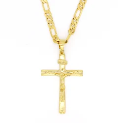 Real 10k Yellow Solid Fine Gold Jesus Cross Crucifix Charm Big Pendant Figaro Chain Necklace 600*6mm