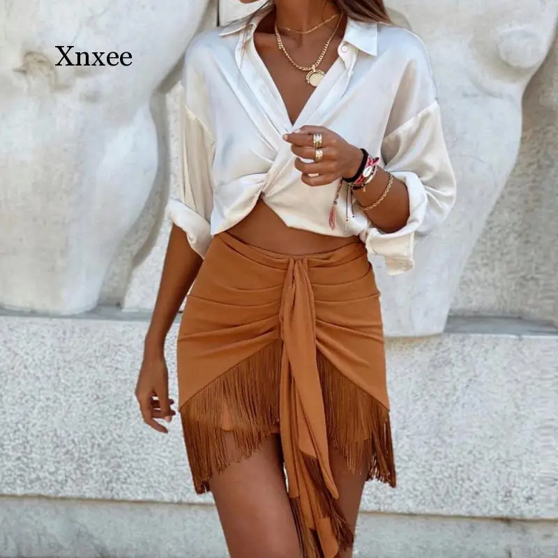 Sexy Skirt Women High Waist Mini Skirts Solid Asymmetrical Skirt Tassel Pencil Skirts Khaki Ruched Skirt Summer Cute Skirts