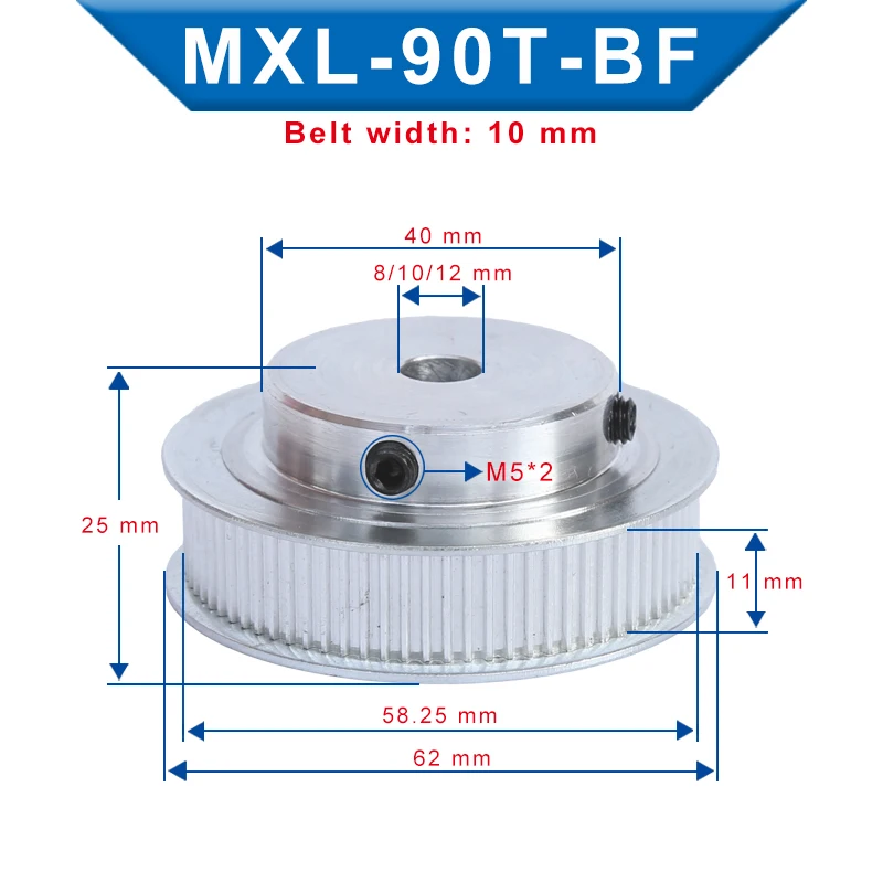 Timing Pulley MXL-90T Inner Bore 8/10/12 mm Belt Pulley Slot Width 11 mm Match with Width 10 mm MXL-Timing Belt For 3D Printer