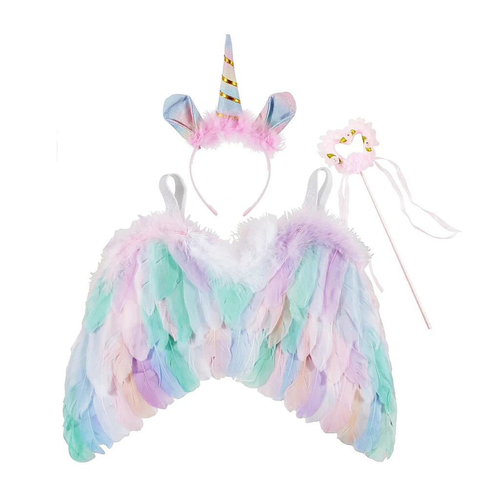 Yundfly-Conjunto de alas de Ángel con plumas de unicornio para niña, conjunto de diadema, disfraz de Halloween para bebé, suministros para fiestas, foto, 3 unidades