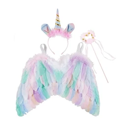 Yundfly 3pcs/set Cute Children Girls Unicorn Feather Angel Wings with Headband Set Baby Halloween Costume Party Supplies Photo