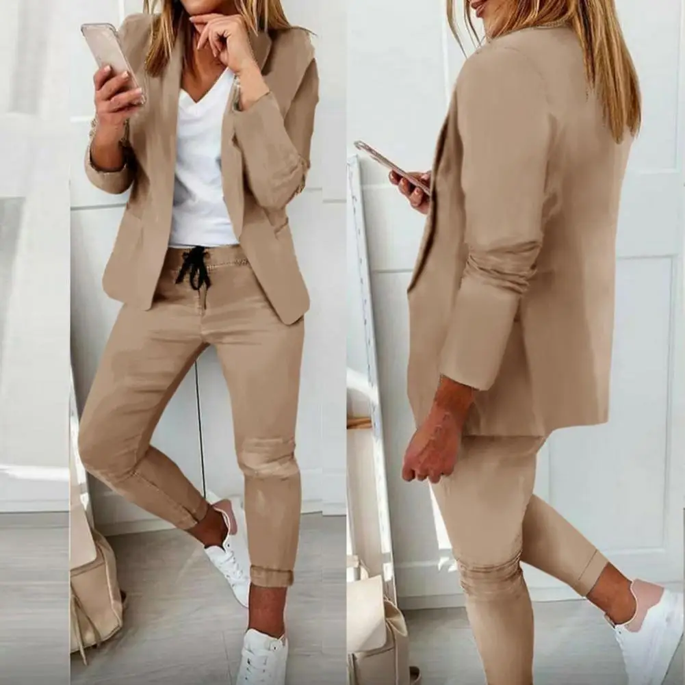 Ladies 1 Set Attractive Open Stitch Blazer Elastic Waist Trousers Autumn Winter Formal Suit Set Long Sleeve   for Office