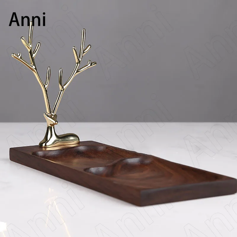 

Copper Deer Head Walnut Wood Trays Decorative Nordic Modern Dressing Table Necklace Jewelry Storage Tray Living Room Decoration