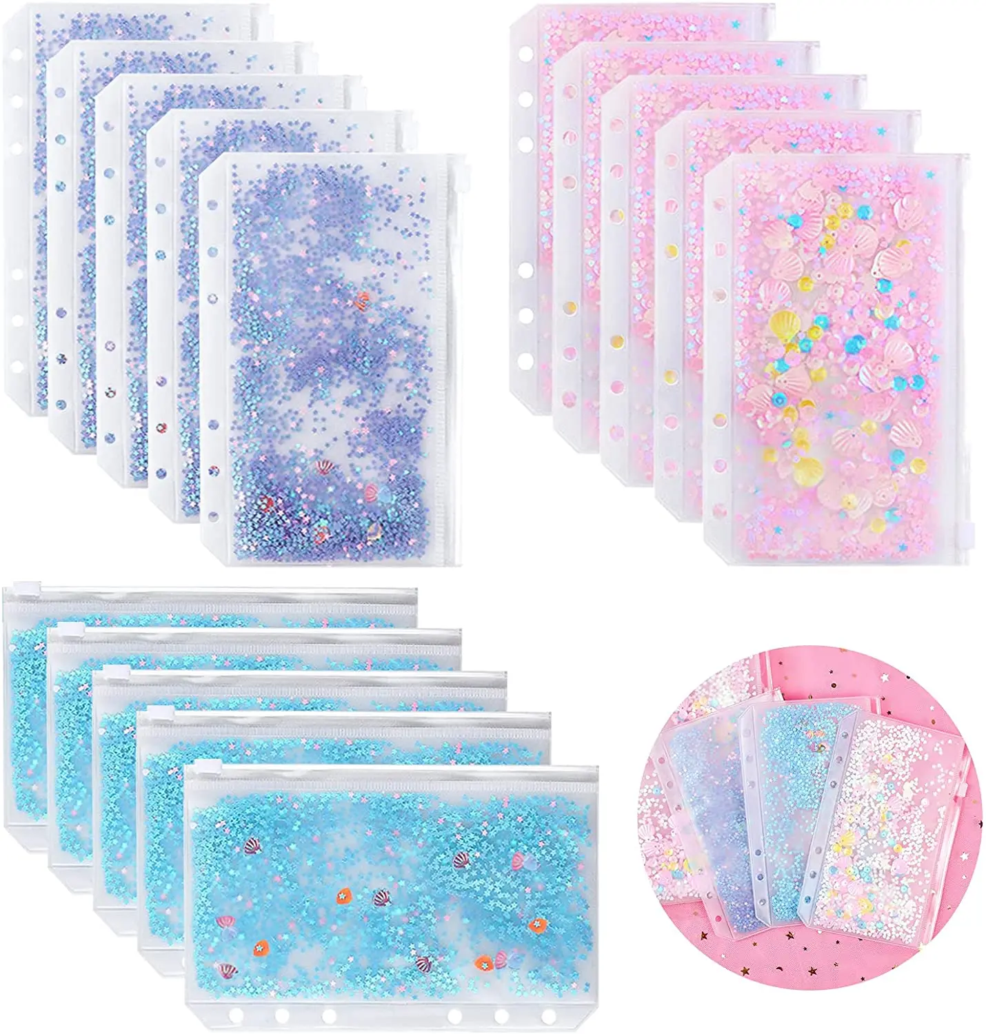 6 Pieces A6 Binder Cash Envelopes PVC Budget Binder with Zipper Envelopes Pocket Folders for 6 Ring Refillable Binder Notebook