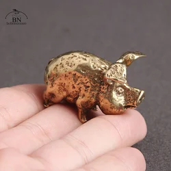 Retro Copper Chinese 12 Zodiac Flying Pig Statue Home Decoration Antique Brass Lucky Animal Figurines Small Table Desk Ornaments