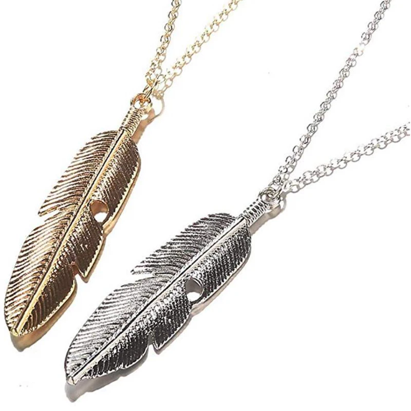 Long pendant necklace sweater Necklace feather pendant color plated Metal Chain