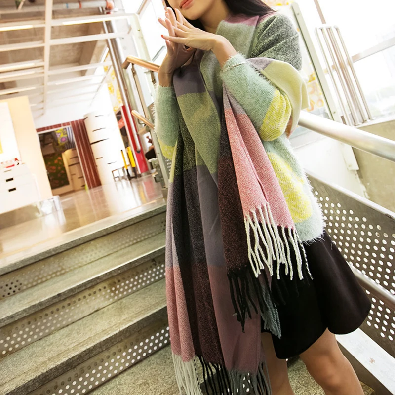 2019 Autumn Winter New Patchwork Colors Cashmere Thicken Women Scarf for Girls Students Lady Cute Tassel Long Scarves Shawl