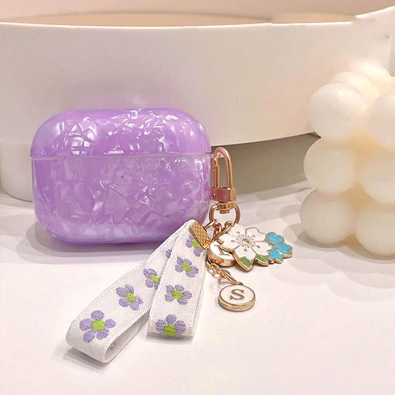 Dreamy Purple TPU Glossy Shell for airpods 1 2 Earphone Case Cover for Apple AirPods Pro 3 Headset Box Pearl Flower Pendant Cute