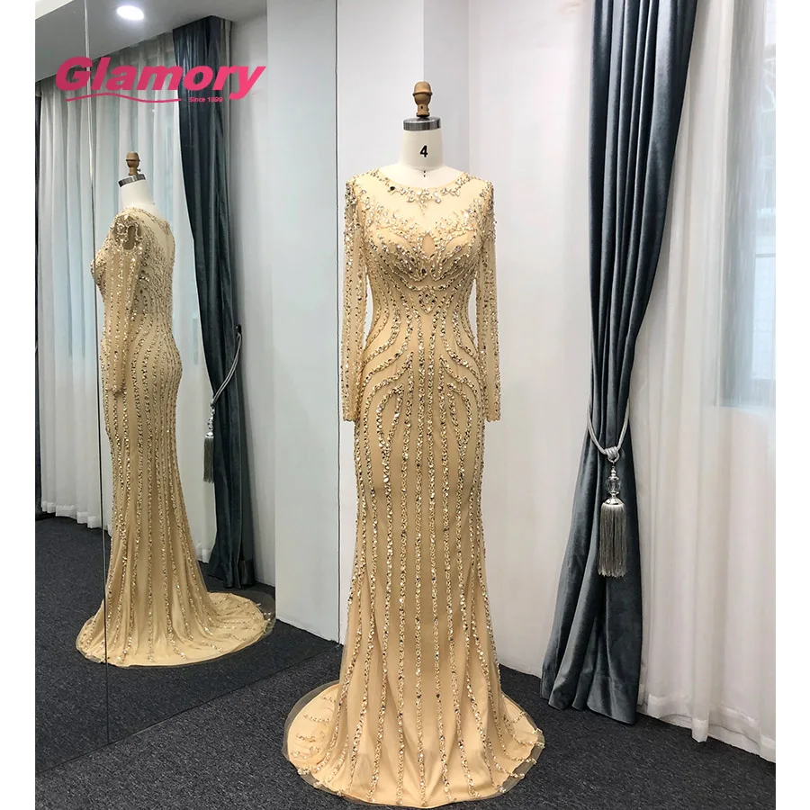 

Golden Ready Made Beaded Gowns Long Sleeves Mermaid Design Luxury Crystal Diamond Evening Dress