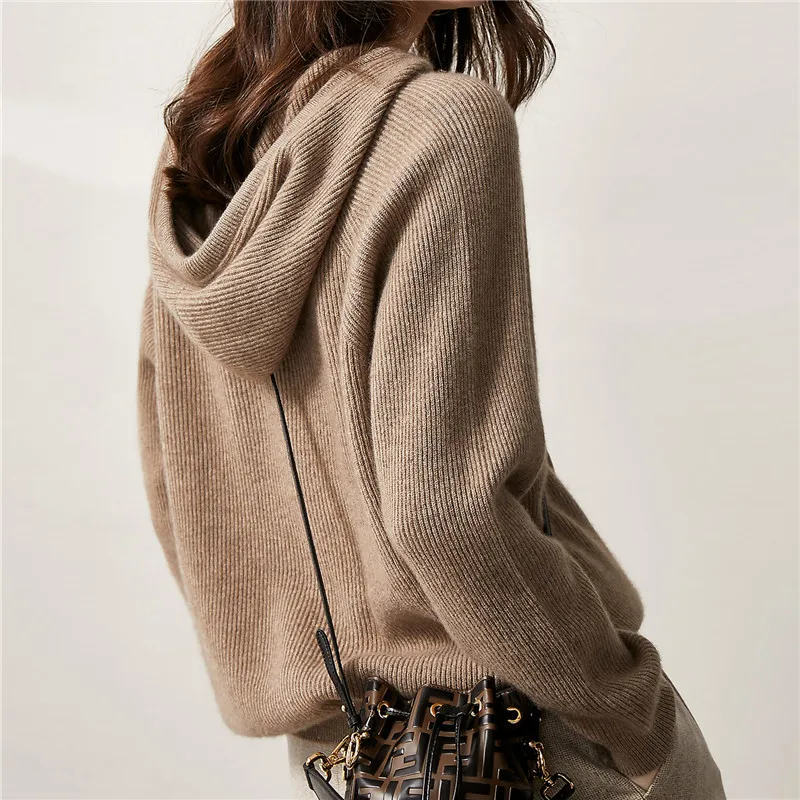 Autumn Winter Elastic Soft Fashion Cashmere Hooded Elasticity Sweater Women\'s Coat Female Loose Large Size Knitted Tops Jumpe