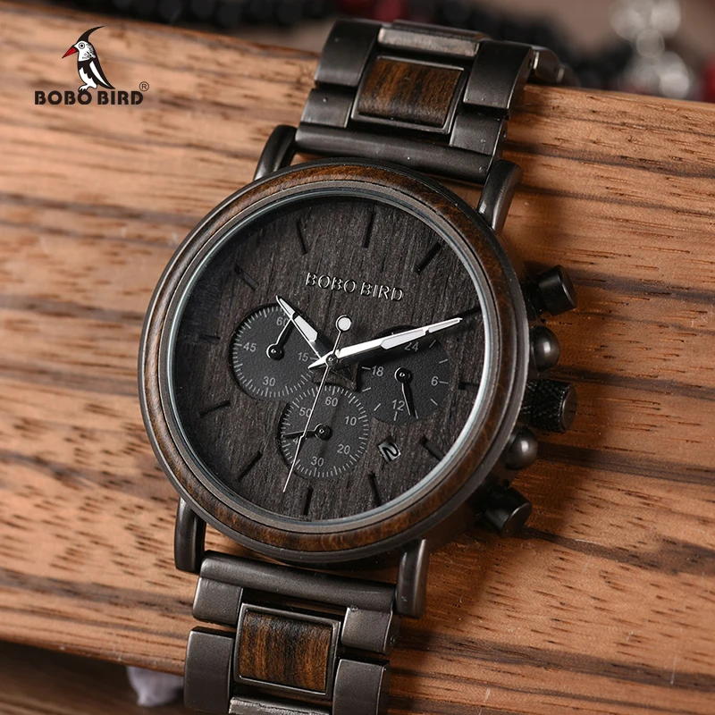 

BOBO BIRD Wood Men Watch Relogio Masculino Top Brand Luxury Stylish Chronograph Military Watches Timepieces in Wooden Gift Box