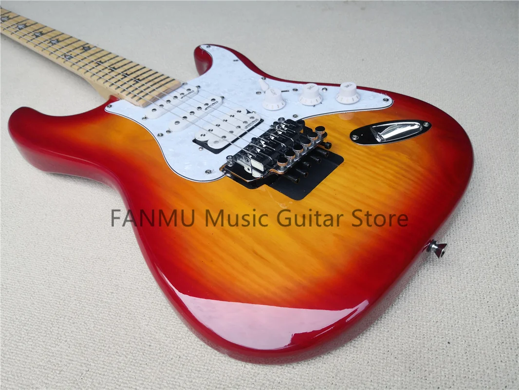 custom  6 string stra cherry sunburst guitar,ASH wood body,ssh pickups,tremolo bridge,pear pickguard,stars inlay