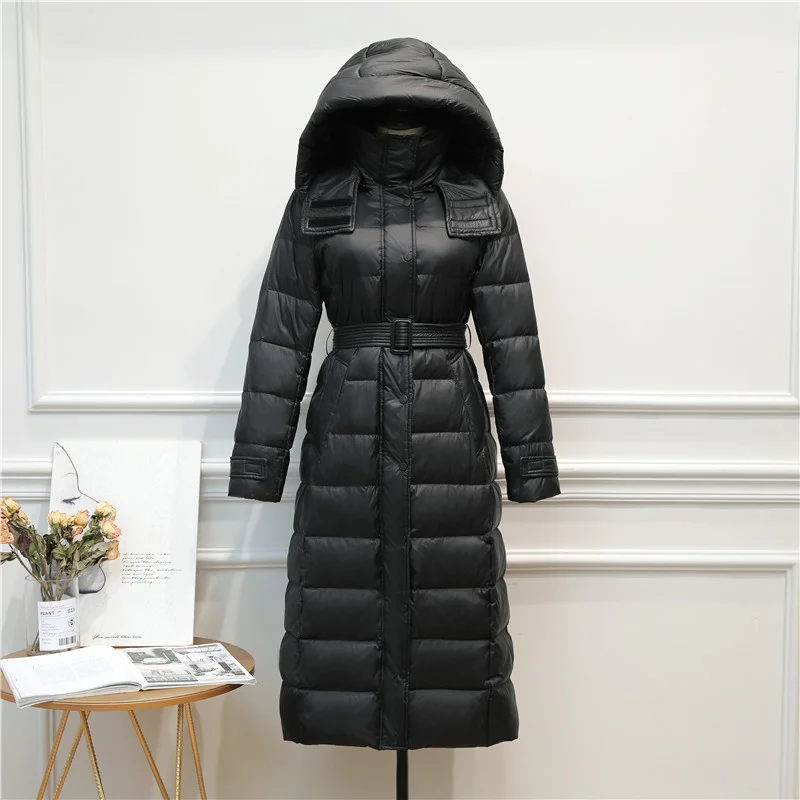 Women Winter Medium-Long Down Jacket Sashes Slim Korean Fashion Hooded Overcoat Preppy Style Warm Lady White Duck Down Coat