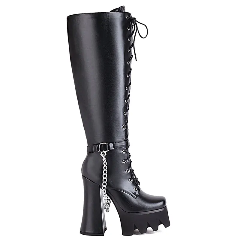 Sgesvier Brand Design Female Motorcycle Boots Black Super High Heel Knee-High Boots Platform With Chain 2021 Street Woman Shoes