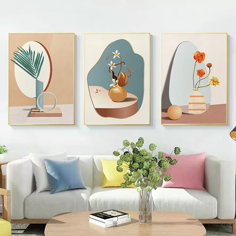 

Arrange Flowers In a Vase Canvas Painting Abstract Geometry Posters and Prints Flowers and Green Leaves Wall Art Home Decoration