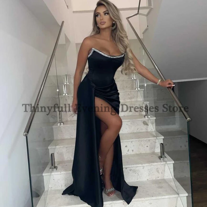 Thinyfull Black Evening Dress Formal Beadings Strapless Satin High Split Prom Dress Floor-Length Cocktail Party Gowns Plus Size