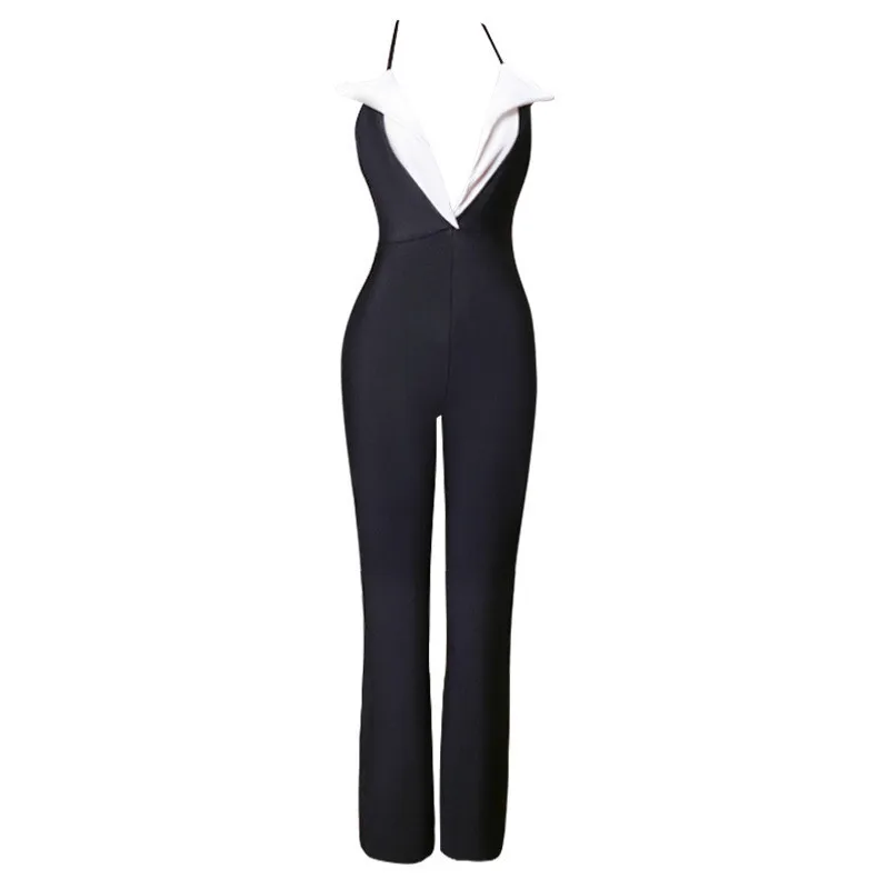 CIEMIILI 2023 New Summer Women Halter Bandage Jumpsuits Black Sexy V Neck Long Pants Party Rompers Celebrity Elegant Jumpsuits