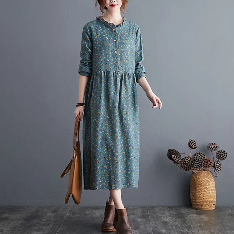 Women Cotton Linen Casual Long Dress New 2020 Autumn Vintage Floral Print Stand Collar Ladies Elegant A-line Dresses S2115