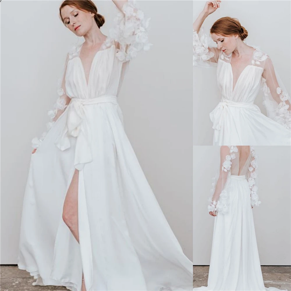 Bridal Gowns Women Robe Wedding Dresses 3D Floral Appliques Long Sleeve Satin Silk Nightdress Sleepwear