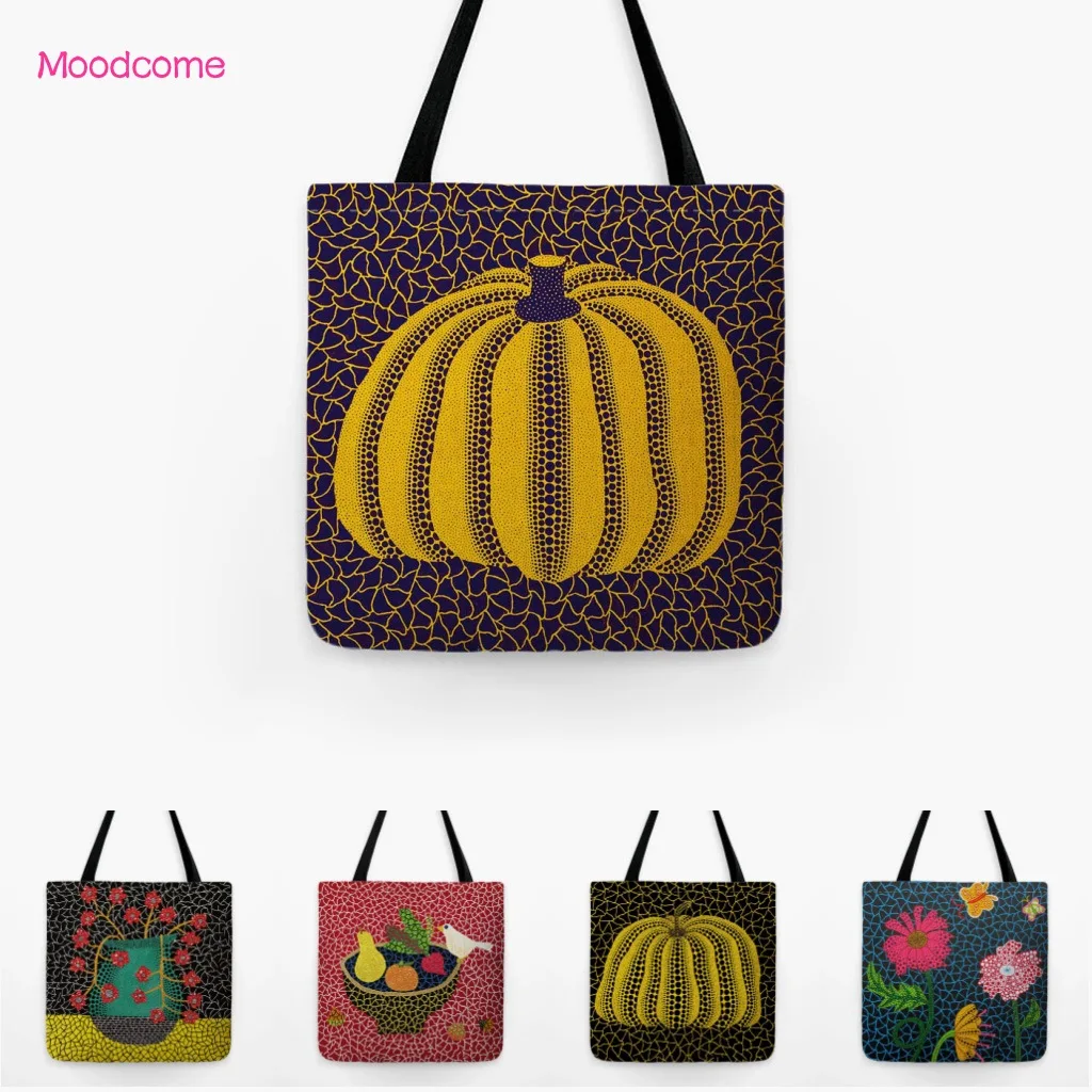 Abstract Graphic Polka Dots Flower Vase Modern Yellow Pumpkin Art Japanese Yayoi Kusama Linen Shopping Tote Bag Shoulder Bag