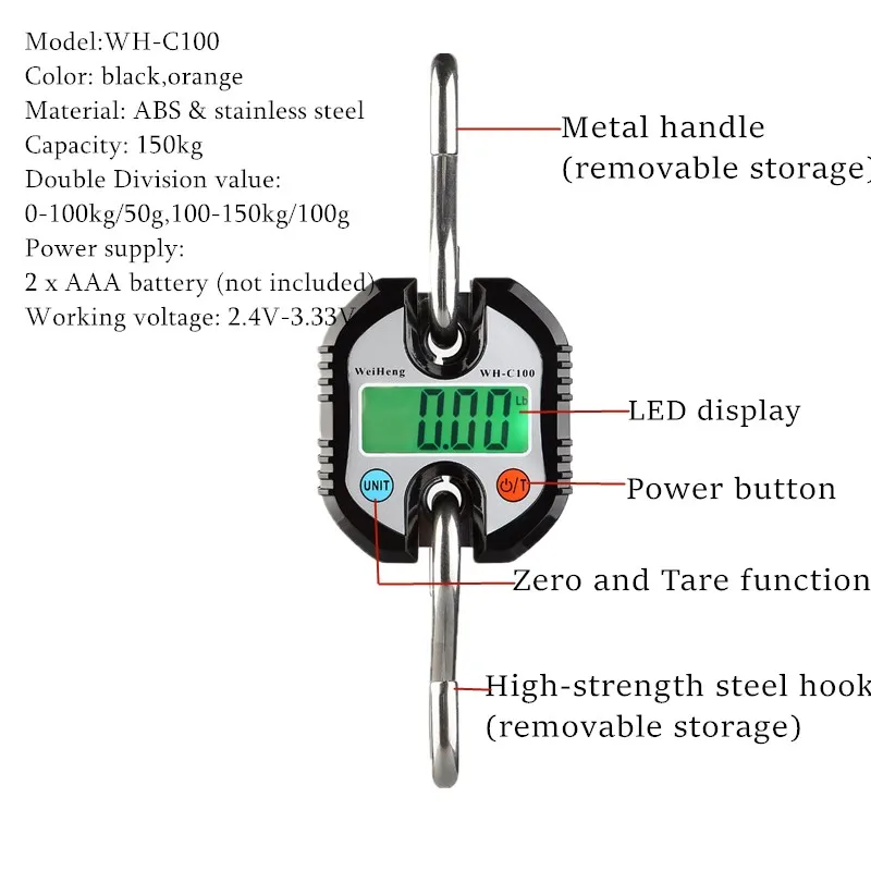 Digital Crane Scale 150kg 200g 300kg 500kg Heavy Duty Stainless Steel Hook Scale Hanging LCD Loop Electronic Weight Balance