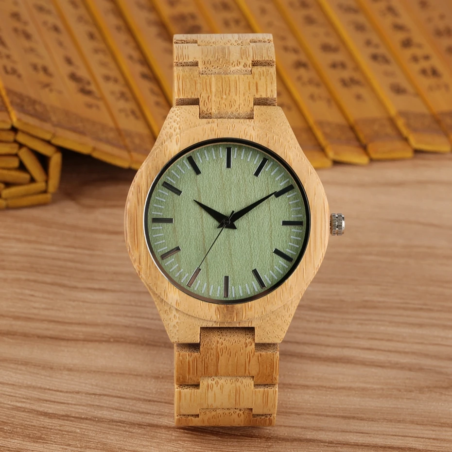 Light Green Dial Wood Watch Men\'s Full Bamboo  Natural Wooden Watches Adjustable Strap Timepieces Bracelet Clasp Clock Male 2020