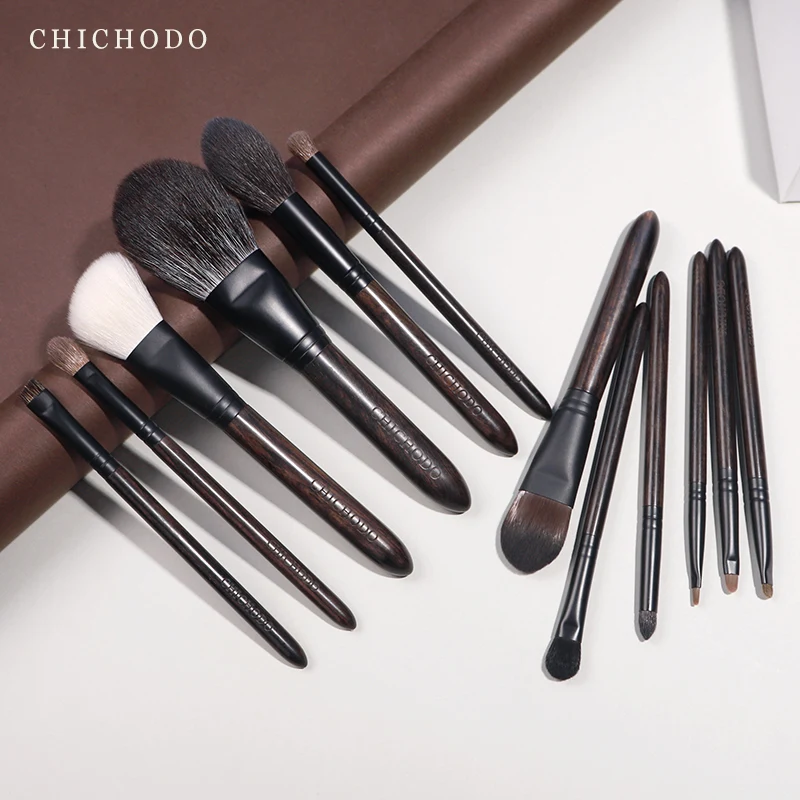 CHICHODO-klasyczne 12pcs naturalne włosy zestaw profesjonalnych pędzli do makijażu-2 style uchwytów-sierść zwierzęca narzędzia do makijażu + torba na zamek błyskawiczny